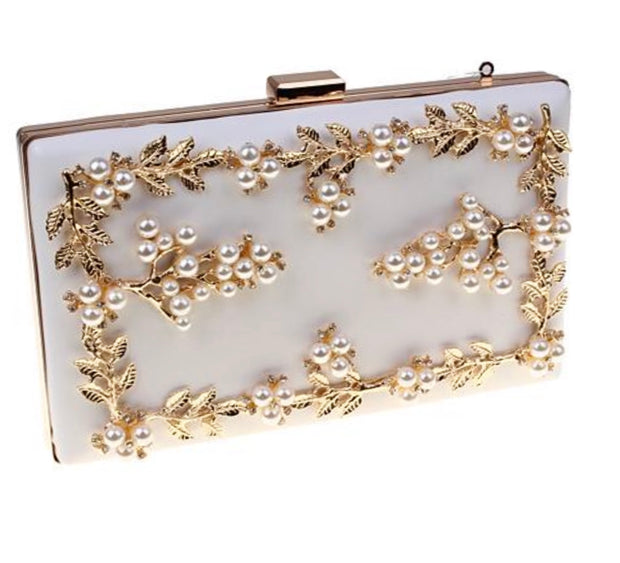 White Leather Gold Leaf Clutch With Pearls - Glamour Manor