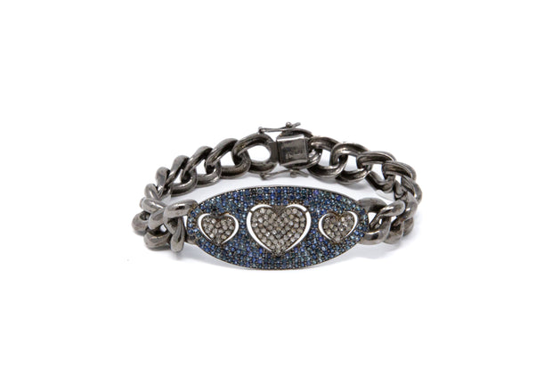 Triple Heart Diamond and Sapphire Sterling Silver ID Bracelet - Glamour Manor