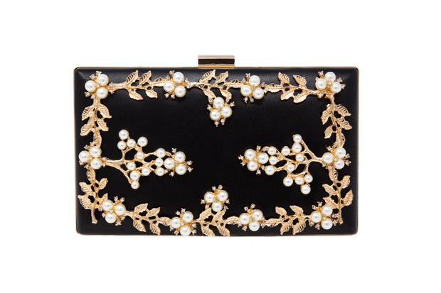 Black Leather Gold Leaf Clutch With Pearls - Glamour Manor