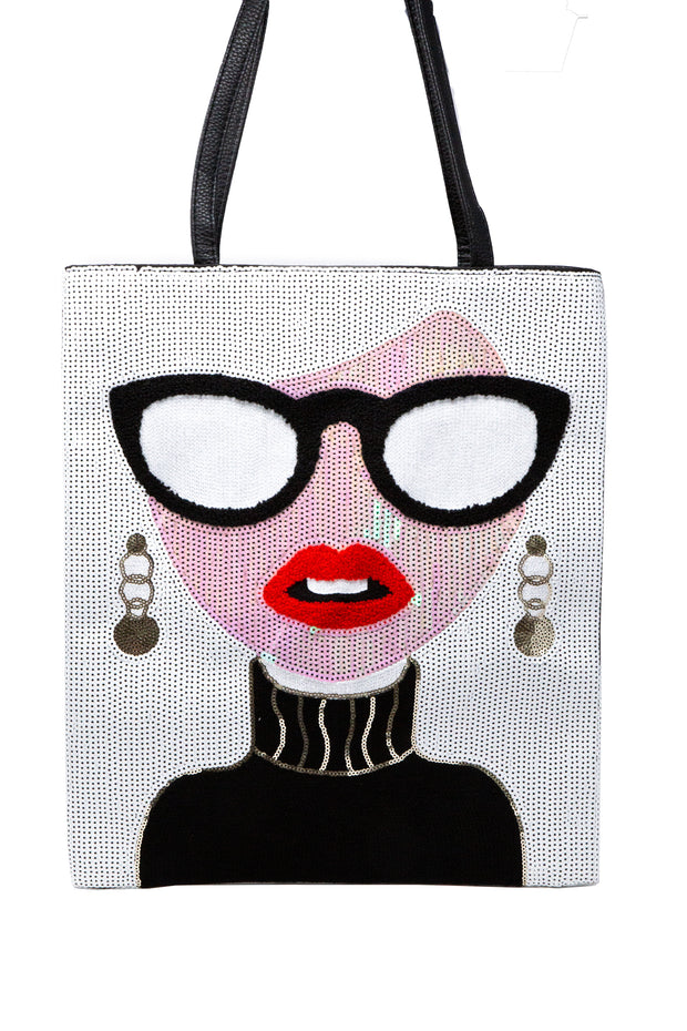 Sequin Tote Bag With Chic Lady On It - Glamour Manor
