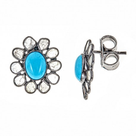 Sliced Diamonds with Turquoise Stud Earring - Glamour Manor