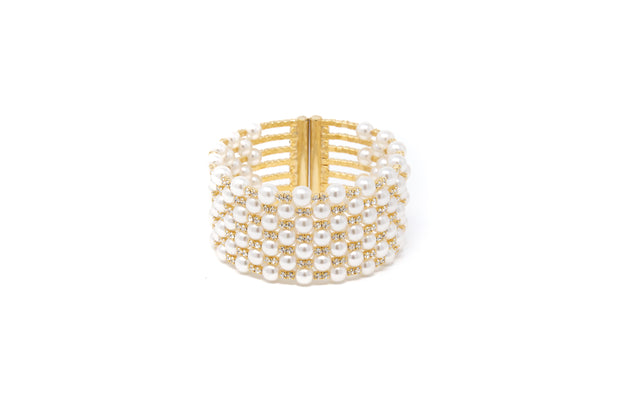 Faux Pearl and White CZ Cuff Statement Bracelet - Glamour Manor