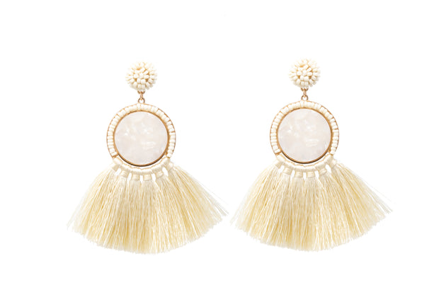 Off White Tassel and Beaded Statement Earrings - Glamour Manor