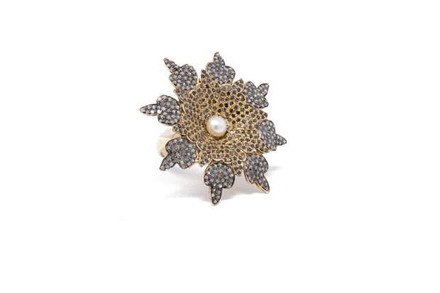 Silver, Pearl and Champagne Diamond Flower Ring - Glamour Manor