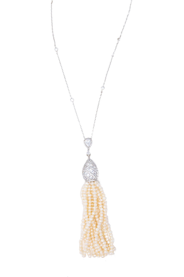 Faux Pearl and CZ Tassel Necklace - Glamour Manor